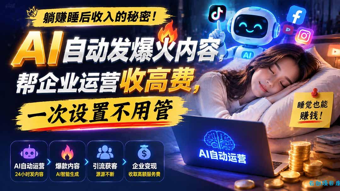 躺赚睡后收入的秘密!AI 自动发爆火内容,帮企业运营收高费,一次设置不用管【原创双语字幕】-云创项目库