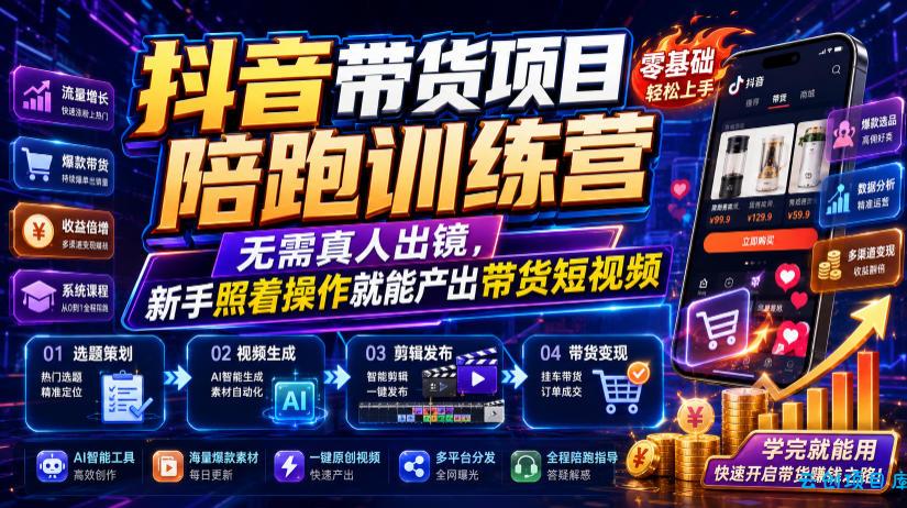 抖音带货项目陪跑训练营,无需真人出镜,新手照着操作就能产出带货短视频(更新0811)-云创项目库