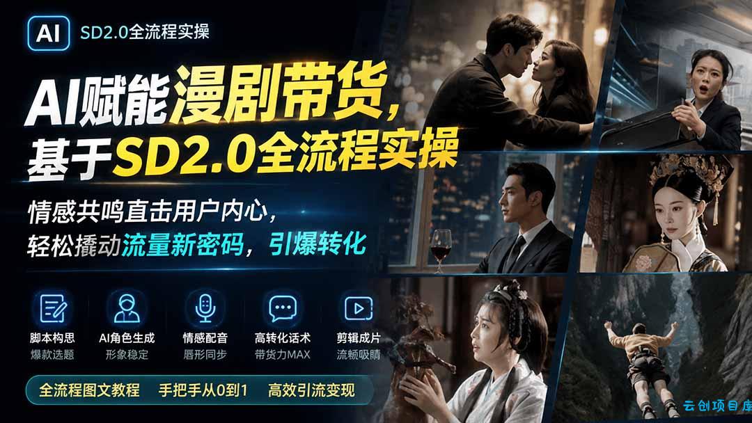 AI赋能漫剧带货,基于SD2.0全流程实操;情感共鸣直击用户内心,轻松撬动流量新密码,引爆转化-云创项目库