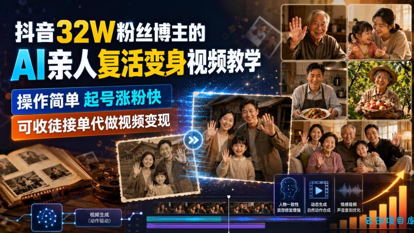 抖音32W粉丝博主的AI亲人复活变身视频教学,操作简单,起号涨粉快,可收徒接单代做视频变现-云创项目库