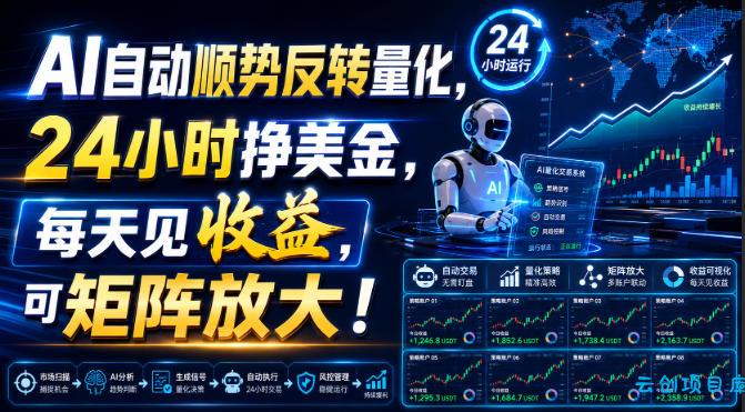 AI自动顺势反转量化,24小时挣美金,每天见收益,可矩阵放大!【揭秘】-云创项目库