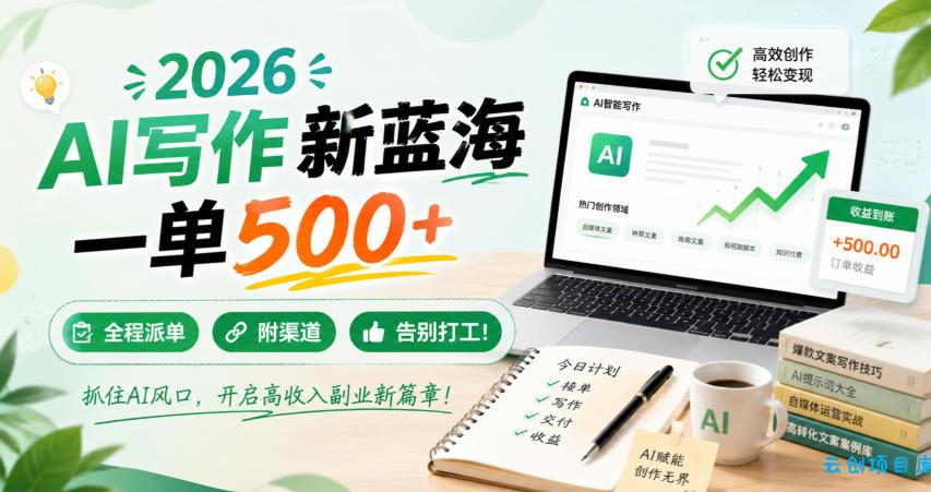 2026 AI写作新蓝海,一单500+,全程派单,附渠道,告别打工!【揭秘】-云创项目库