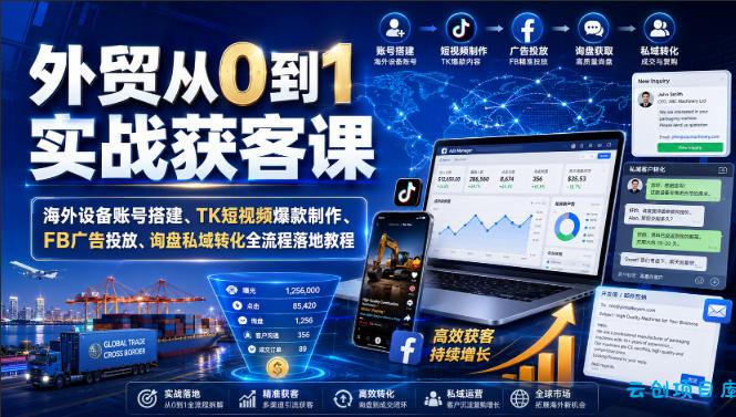 外贸从0到1实战获客课｜海外设备账号搭建、TK短视频爆款制作、FB广告投放、询盘私域转化全流程落地教程-云创项目库