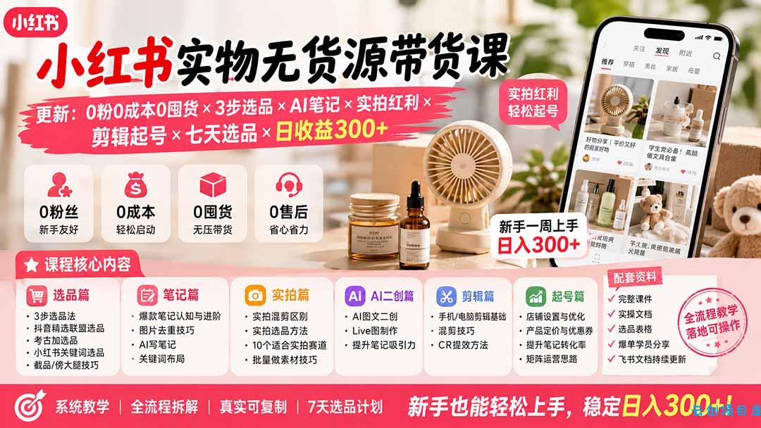 小红书实物无货源带货课-更新:0粉0成本0囤货×3步选品×AI笔记×实拍红利×剪辑起号×七天选品×日收益300+-云创项目库