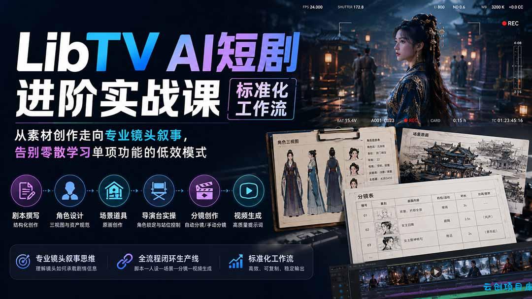 LibTV AI短剧进阶实操课标准化工作流;从素材创作走向专业镜头叙事,告别零散学习单项功能的低效模式-云创项目库