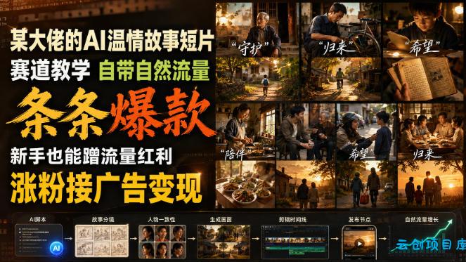 某大佬的AI温情故事短片赛道教学,自带自然流量,条条爆款,新手也能蹭流量红利,涨粉接广告变现-云创项目库