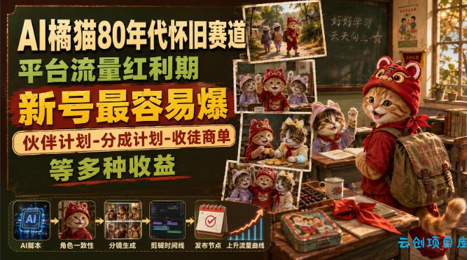 AI橘猫80年代怀旧赛道,平台流量红利期,新号最容易爆,伙伴计划-分成计划-收徒商单等多种收益-云创项目库