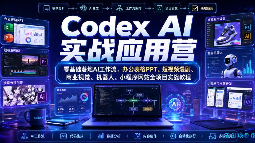 Codex AI实战应用营|零基础落地AI工作流,办公表格PPT、短视频漫剧、商业视觉、机器人、小程序网站全项目实战教程-云创项目库