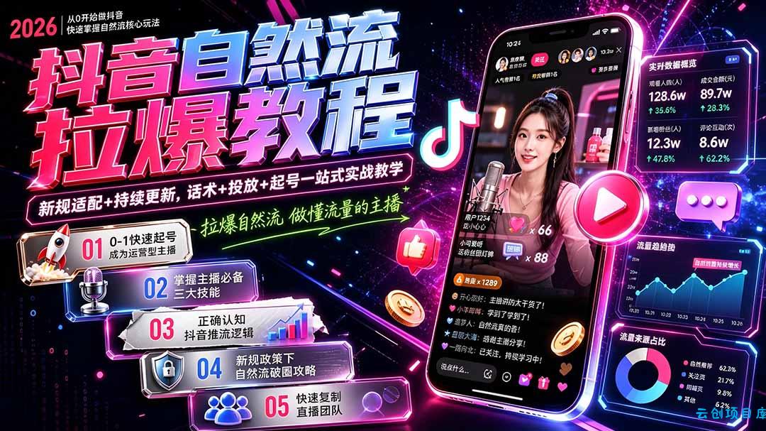 抖音自然流拉爆教程-更新8月：做懂流量的主播，新规适配+持续更新，话术+投放+起号一站式实战教学-云创项目库