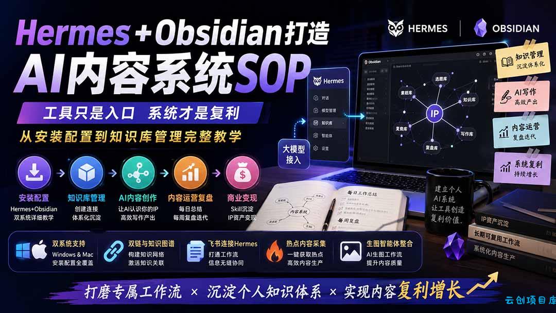 Hermes+Obsidian打造AI内容系统SOP;工具只是入口系统才是复利,从安装配置到知识库管理完整教学-云创项目库
