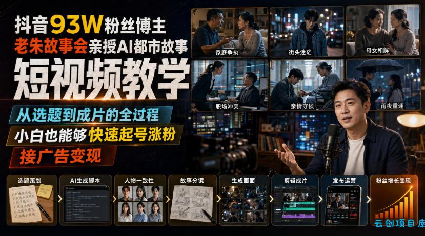 抖音93W粉丝博主老朱故事会亲授AI都市故事短视频教学,从选题到成片的全过程,小白也能够快速起号涨粉接广告变现-云创项目库