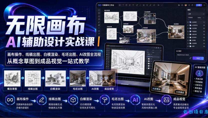 无限画布AI辅助设计实战课｜画布操作、线稿出图、白模渲染、毛坯出图、AI改图全流程，从概念草图到成品视觉一站式教学-云创项目库