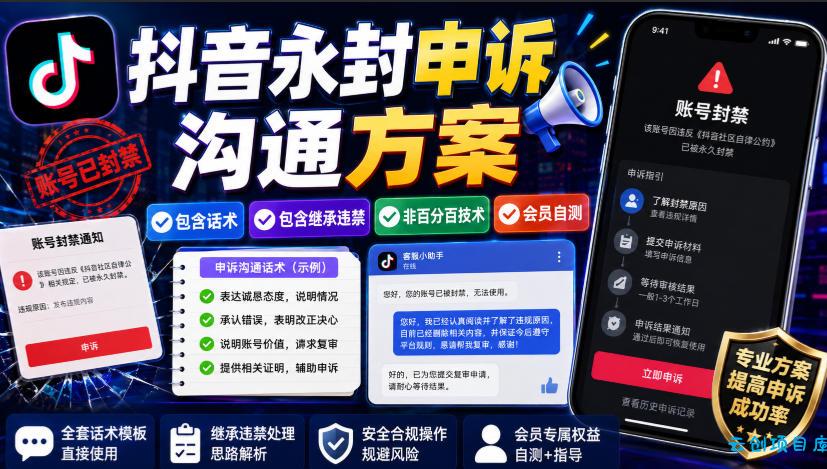 抖音永封申诉沟通方案，包含话术，包含继承违禁，非百分百技术，会员自测-云创项目库