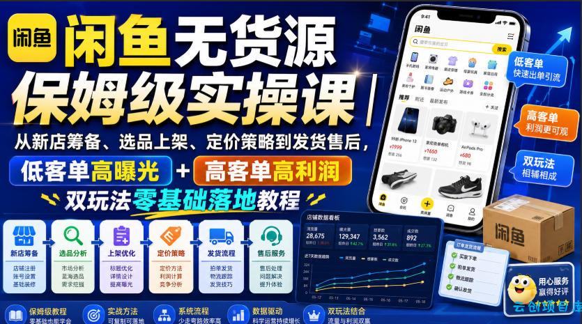 闲鱼无货源保姆级实操课|从新店筹备、选品上架、定价策略到发货售后,低客单高曝光+高客单高利润双玩法零基础落地教程-云创项目库