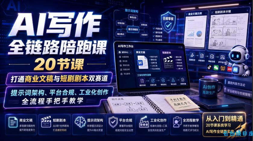 AI写作全链路陪跑课|20节课打通商业文稿与短剧剧本双赛道,提示词架构、平台合规、工业化创作全流程手把手教学-云创项目库