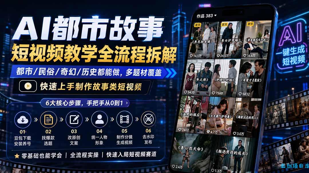 AI都市故事短视频教学全流程拆解;都市/民俗/奇幻/历史都能做多题材覆盖,快速上手制作故事类短视频-云创项目库