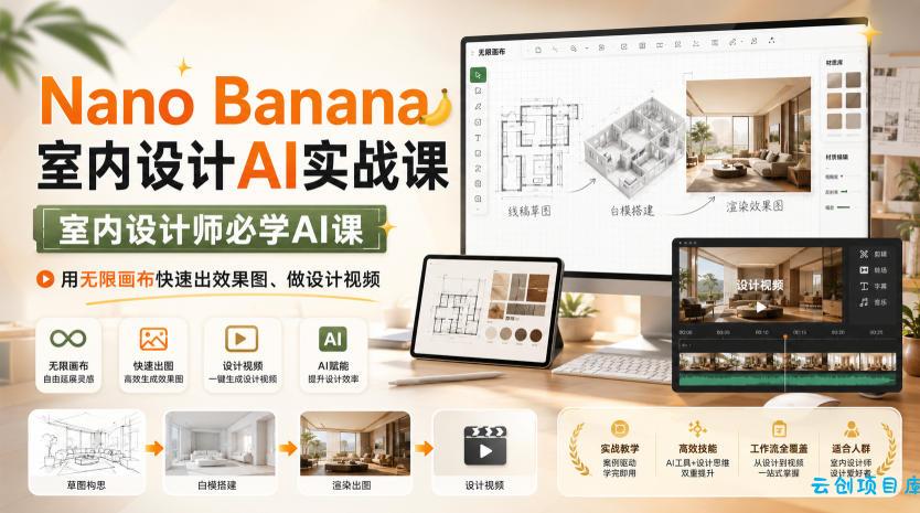 Nano Banana室内设计AI实战课，室内设计师必学AI课，用无限画布快速出效果图、做设计视频-云创项目库