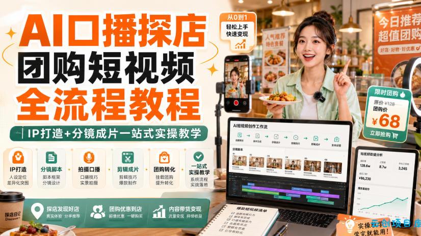 AI口播探店团购短视频全流程教程｜IP打造+分镜成片一站式实操教学-云创项目库