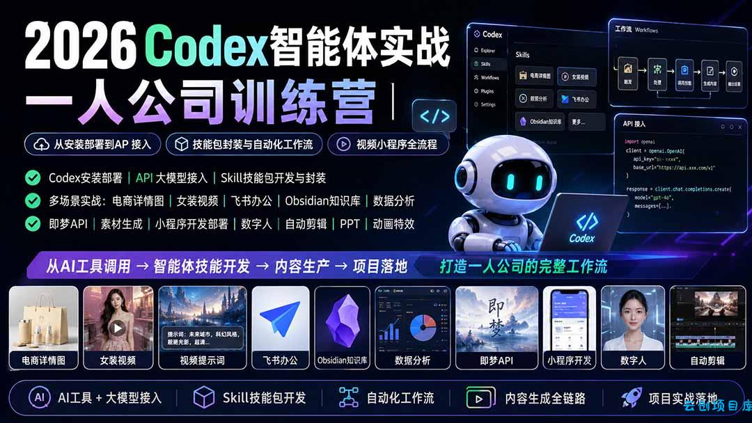 2026Codex智能体实战｜一人公司训练营｜从安装部署到API接入｜技能包封装与自动化工作流｜视频小程序全流程-云创项目库