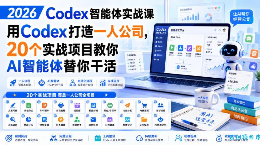 2026 Codex智能体实战课，用Codex打造一人公司，20个实战项目教你AI智能体替你干活-云创项目库