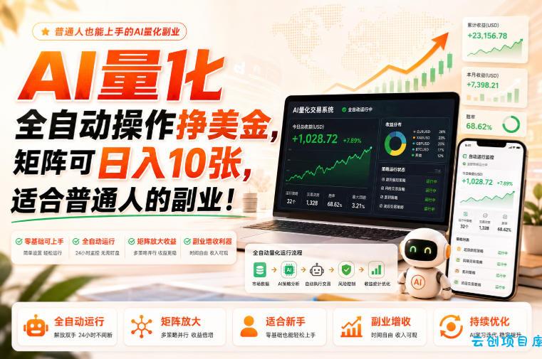 AI量化全自动操作挣美金，矩阵可日入10张，适合普通人的副业！【揭秘】-云创项目库