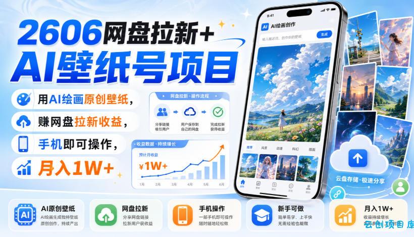 2606网盘拉新+AI壁纸号项目，用AI绘画原创壁纸，賺网盘拉新收益，手机即可操作，月入1W+-云创项目库
