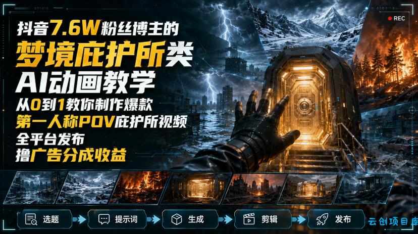 抖音7.6W粉丝博主的梦境庇护所类AI动画教学，从0到1教你制作爆款第一人称POV庇护所视频，全平台发布撸广告分成收益-云创项目库