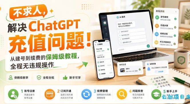 不求人，解决ChatGPT充值问题！从建号到续费的保姆级教程，全程无违规操作-云创项目库