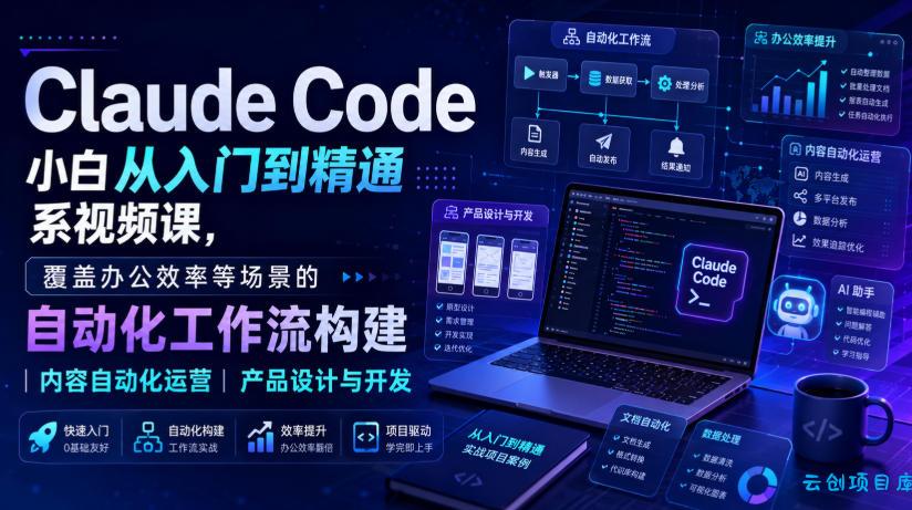 Claude Code小白从入门到精通系视频课，覆盖办公效率等场景的自动化工作流构建|内容自动化运营|产品设计与开发-云创项目库