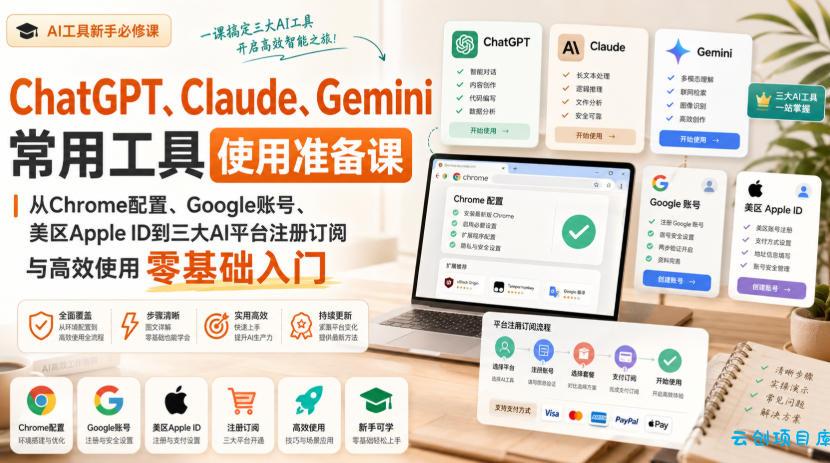 ChatGPT、Claude、Gemini常用工具使用准备课|从Chrome配置、Google账号、美区Apple ID到三大AI平台注册订阅与高效使用零基础入门-云创项目库