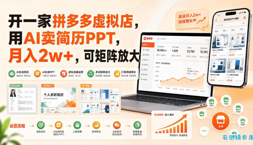 开一家拼多多虚拟店,用AI卖简历PPT,月入2w+,可矩阵放大【揭秘】-云创项目库