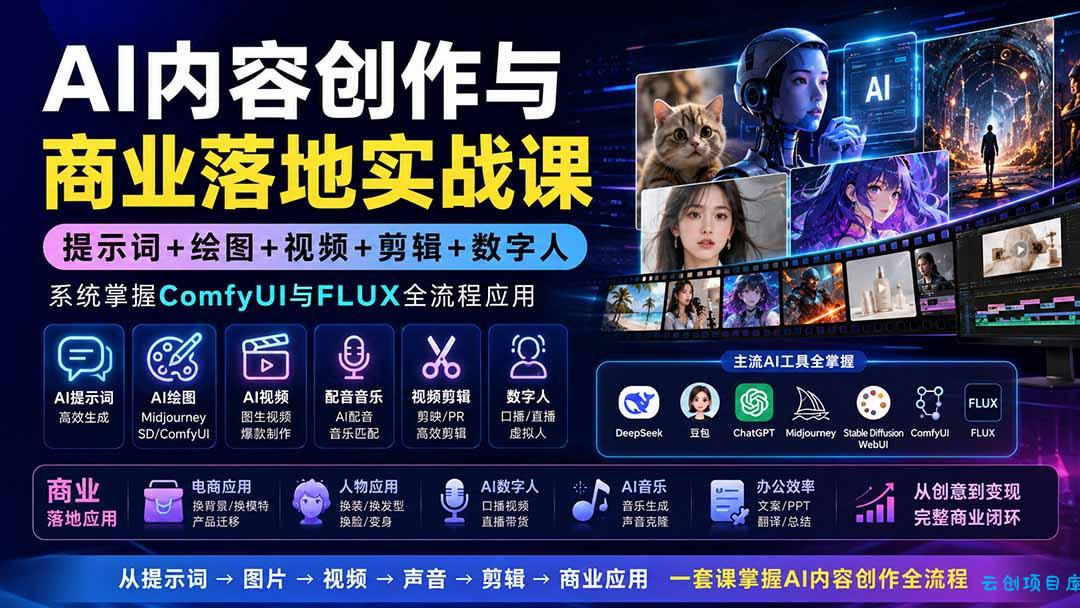 AI内容创作与商业落地实战课：提示词+绘图+视频+剪辑+数字人，系统掌握ComfyUI与FLUX全流程应用-云创项目库