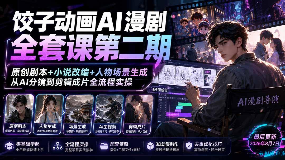饺子动画AI漫剧全套课第二期：原创剧本+小说改编+人物场景生成，从AI分镜到剪辑成片全流程实操-云创项目库
