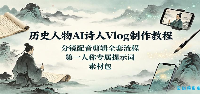 历史人物AI诗人Vlog制作教程：分镜配音剪辑全套流程，第一人称专属提示词素材包-云创项目库