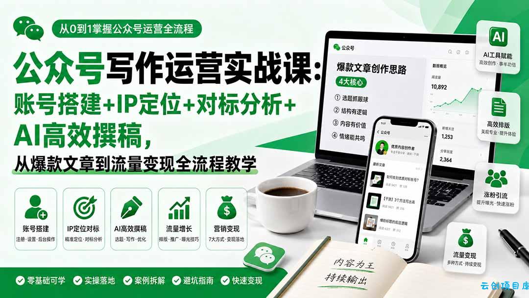 公众号写作运营实战课:账号搭建+IP定位+对标分析+AI高效撰稿,从爆款文章到流量变现全流程教学-云创项目库