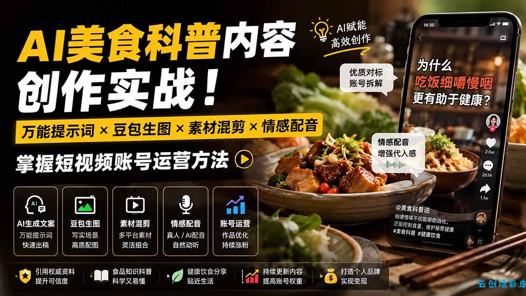 外面卖199元-AI美食科普内容创作实战!万能提示词×豆包生图×素材混剪×情感配音,掌握短视频账号运营方法-云创项目库