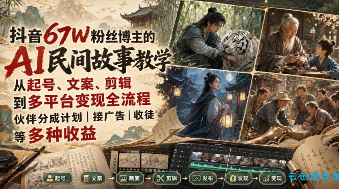 抖音67W粉丝博主的AI民间故事教学,从起号、文案、剪辑到多平台变现全流程,伙伴分成计划接广告等多种收益,月入1W+-云创项目库
