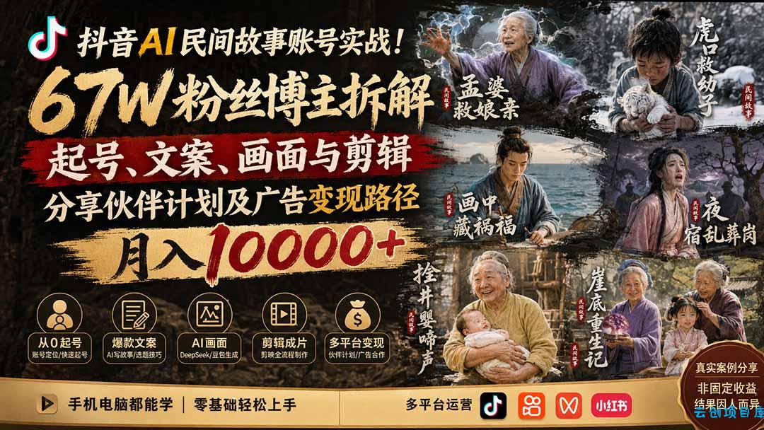 抖音AI民间故事账号实战!67W粉丝博主拆解起号、文案、画面与剪辑,分享伙伴计划及广告变现路径,月入10000+-云创项目库