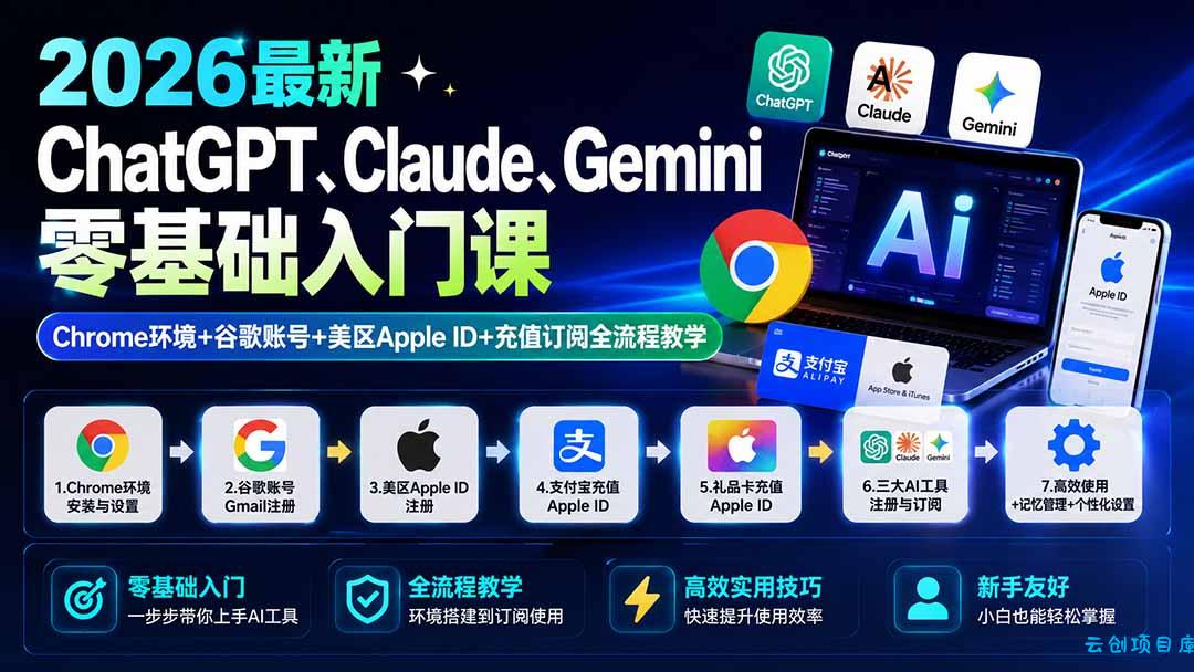 2026最新ChatGPT、Claude、Gemini零基础入门课:Chrome环境+谷歌账号+美区Apple ID+充值订阅全流程教学-云创项目库