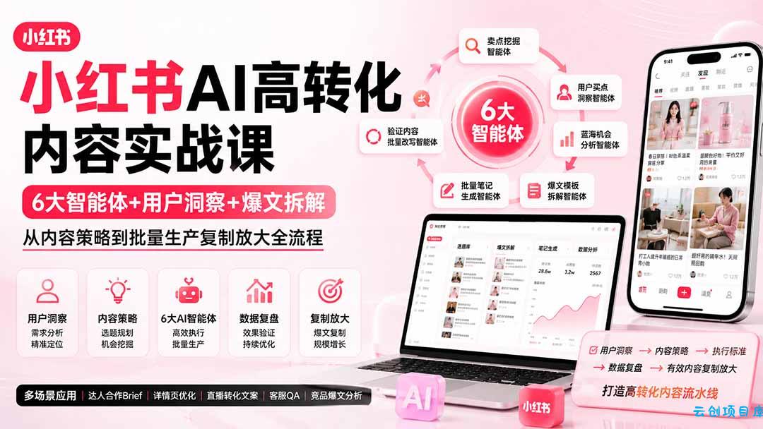 小红书AI高转化内容实战课:6大智能体+用户洞察+爆文拆解,从内容策略到批量生产复制放大全流程-云创项目库