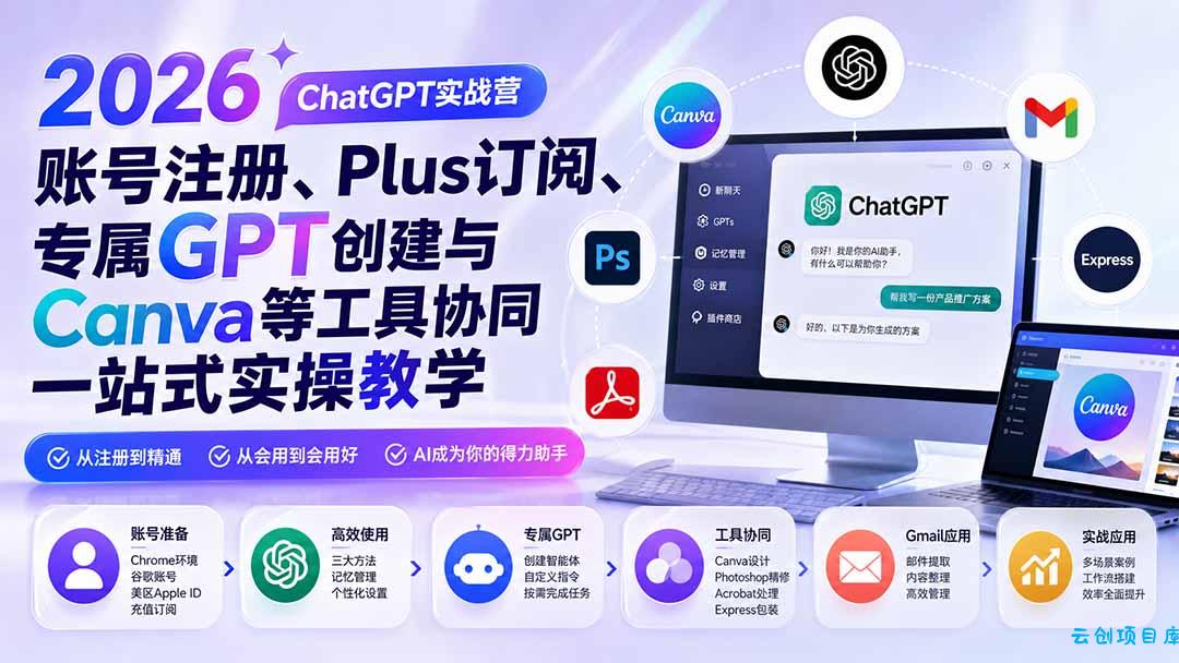 2026 ChatGPT实战营;账号注册、Plus订阅、专属GPT创建与Canva等工具协同一站式实操教学-云创项目库