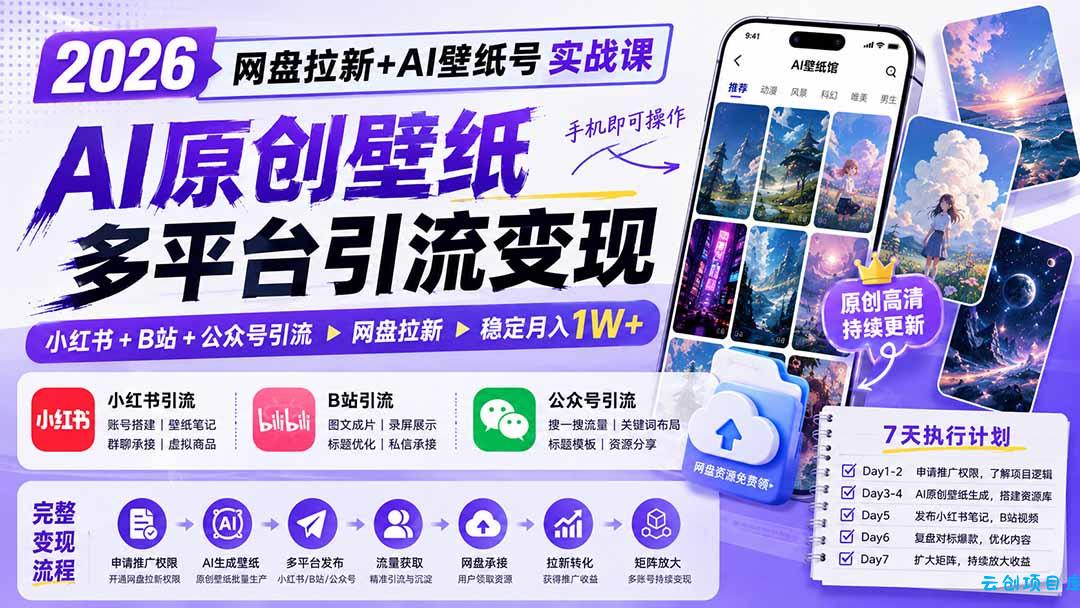 2026网盘拉新+AI壁纸号实战课:AI原创壁纸+小红书+B站+公众号引流,手机即可操作,月入1W+-云创项目库