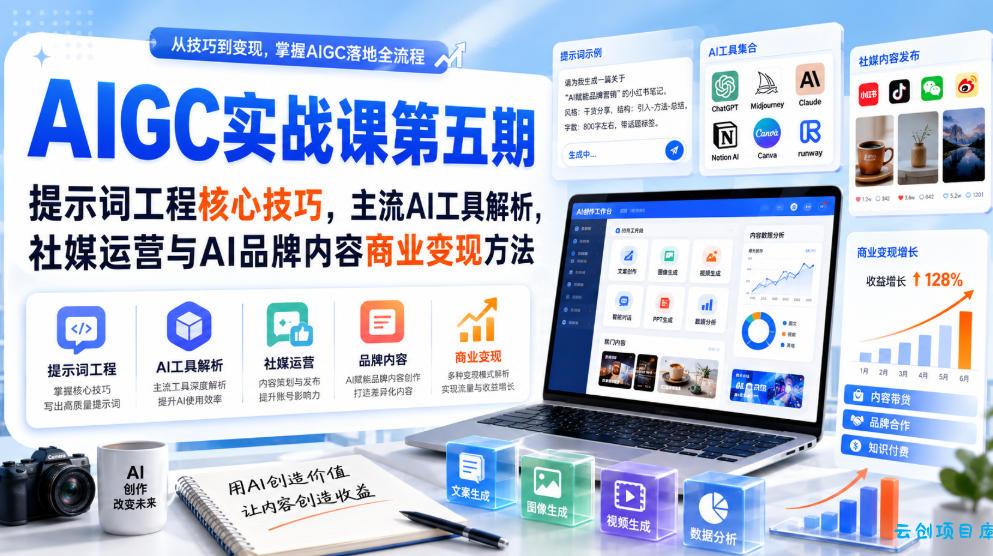 刺猬星球·AIGC实战课第五期,提示词工程核心技巧,主流AI工具解析,社媒运营与AI品牌内容商业变现方法-云创项目库
