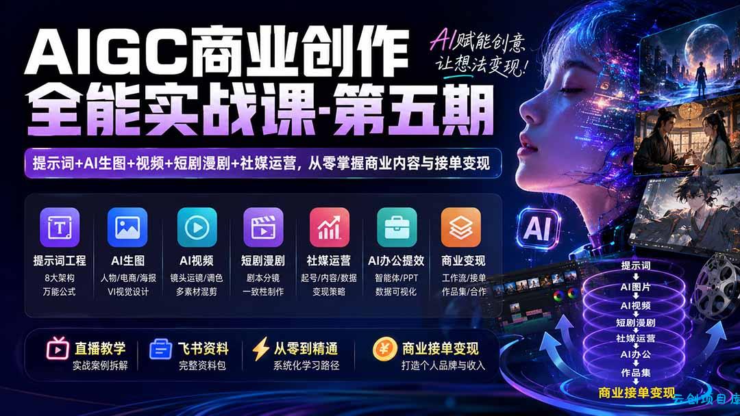 AIGC商业创作全能实战课-第五期：提示词+AI生图+视频+短剧漫剧+社媒运营，从零掌握商业内容与接单变现-云创项目库
