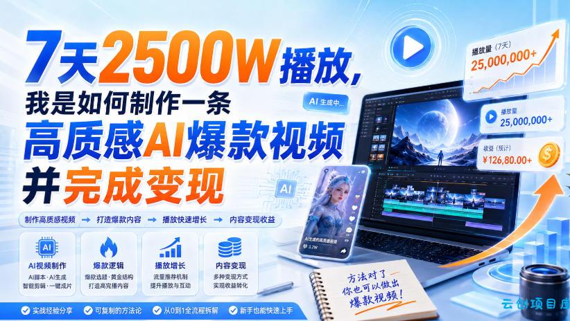7天2500W播放,我是如何制作一条高质感AI爆款视频并完成变现-云创项目库