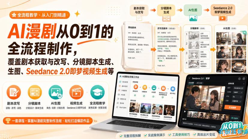 AI漫剧从0到1的全流程制作，覆盖剧本获取与改写、分镜脚本生成、角色场景生图与三视图、Seedance 2.0即梦视频生成(PDF版)-云创项目库