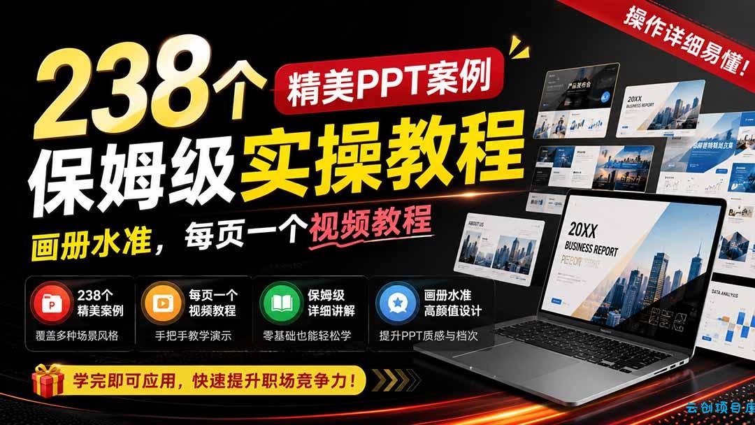 238个精美ppt案例保姆级实操教程:画册水准,每页一个视频教程,操作详细易懂!-云创项目库