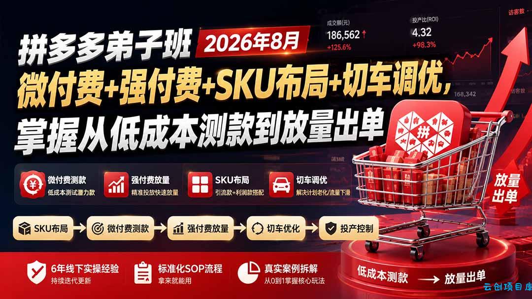拼多多弟子班2026年8月：微付费+强付费+SKU布局+切车调优，掌握从低成本测款到放量出单-云创项目库