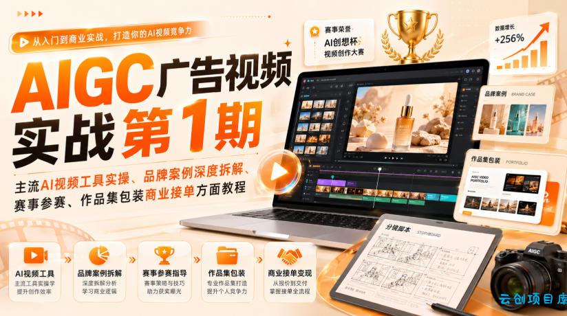 AIGC广告视频实战第1期,主流AI视频工具实操、品牌案例深度拆解、赛事参赛、作品集包装商业接单方面教程-云创项目库
