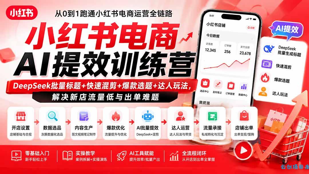 小红书电商AI提效训练营—DeepSeek批量标题+快速混剪+爆款选题+达人玩法,解决新店流量低与出单难题-云创项目库